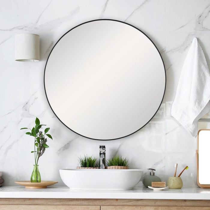 Arculo Satin Black Mirror | Modern Round Aluminum Frame Bathroom Vanity Mirror (34 in. W x 34 in. H x 2 in. D)