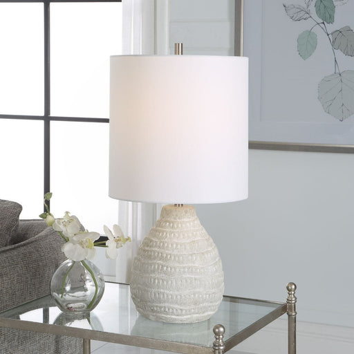 Orelia Antique White Wash Modern Ceramic Table Lamp with Off White Linen Shade (24" H Lamp with 12" H x 12" W Shade)