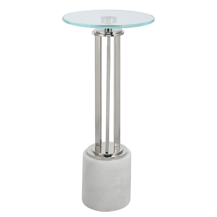 Mara Accent Table | Nickel and Tempered Glass Top with White Marble Base (11 in. W x 24 in. H)