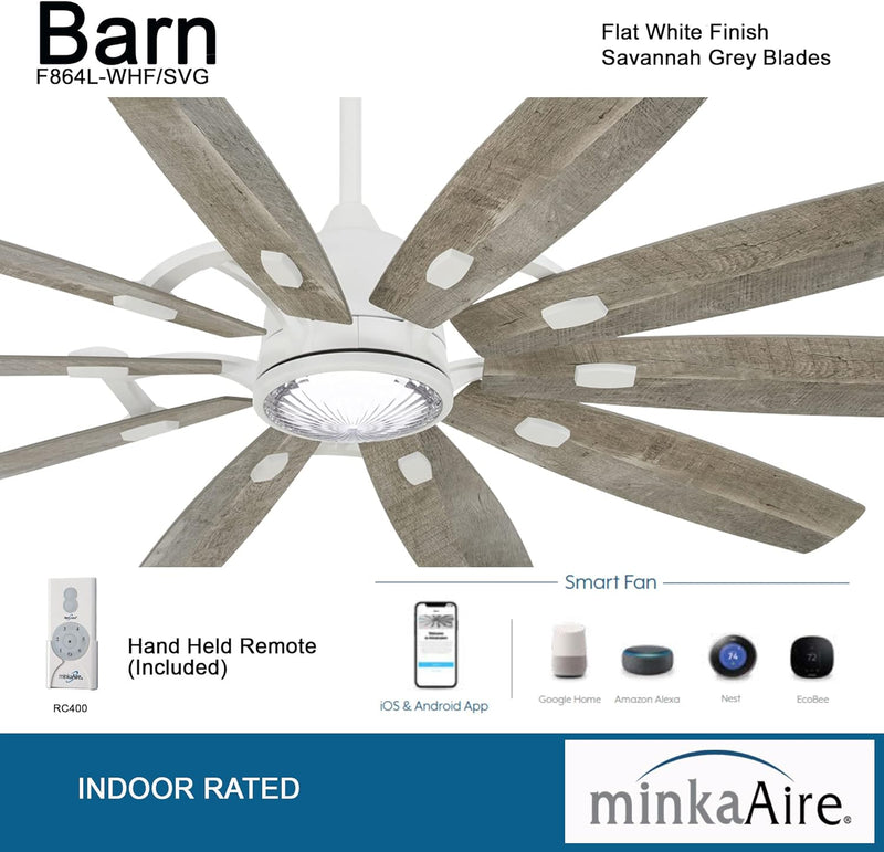 Minka Aire Barn F864L-WHF/SVG 65-Inch LED Indoor Smart Modern Ceiling Fan in Flat White with Soft Grey Blades and Remote