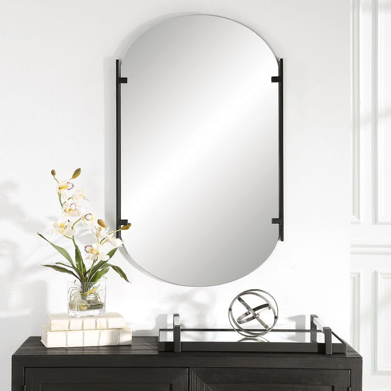 Capsina Satin Black Mirror | Modern Oval Iron Frame Bathroom Vanity Mirror Mounted Vertical or Horizontal (23 in. W x 38 in. H x 1 in. D)