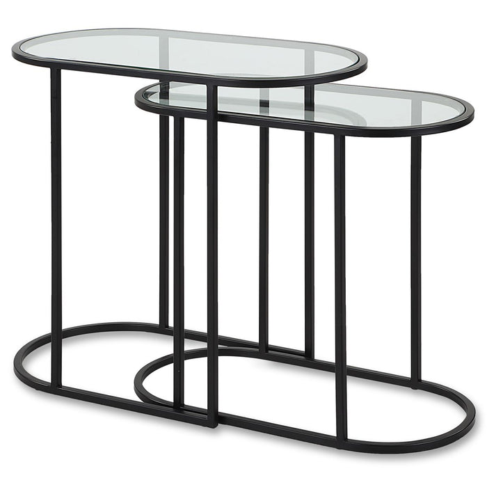 Strada Nesting Tables Set of 2 | Matte Black and Clear Tempered Glass Top (Medium: 22 in. W x 19.5 in. H x 10.5 in. D; Large: 24 in. W x 22 in. H x 12.5 in. D)
