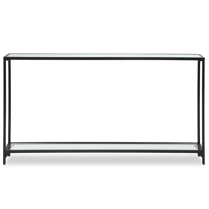 Tivlo Console Table | Satin Black with Mirrored Top and Tempered Glass Bottom (56 in. W x 30 in. H x 8 in. D)