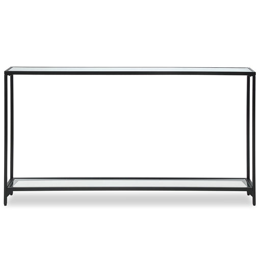 Tivlo Console Table | Satin Black with Mirrored Top and Tempered Glass Bottom (56 in. W x 30 in. H x 8 in. D)