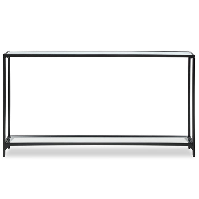 Tivlo Console Table | Satin Black with Mirrored Top and Tempered Glass Bottom (56 in. W x 30 in. H x 8 in. D)