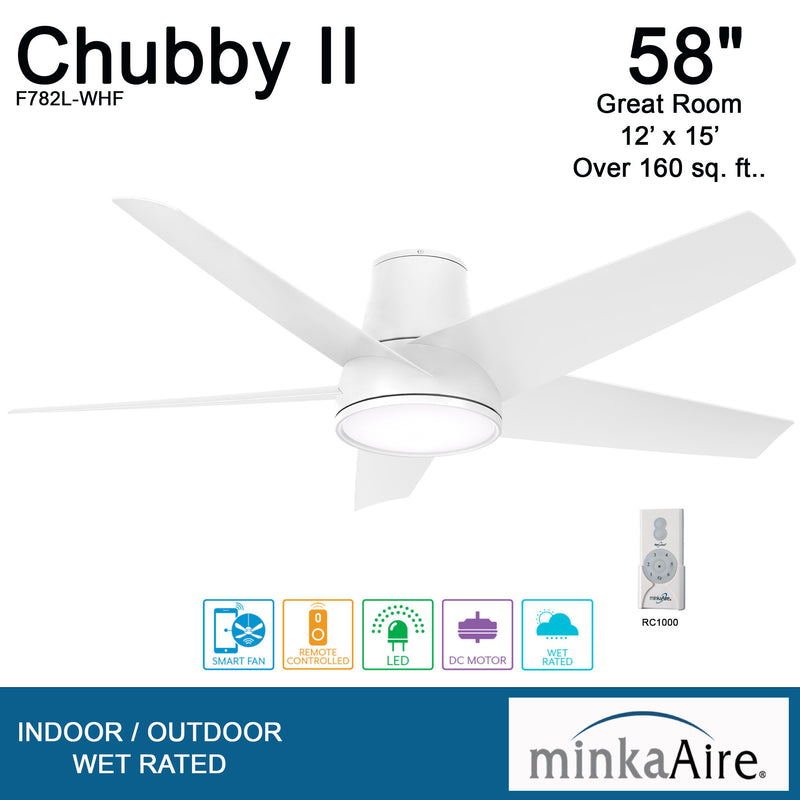 Minka Aire Chubby F782L-WHF 58-Inch Wet LED Outdoor Hugger Flush Mount Ceiling Fan in Flat White with Remote