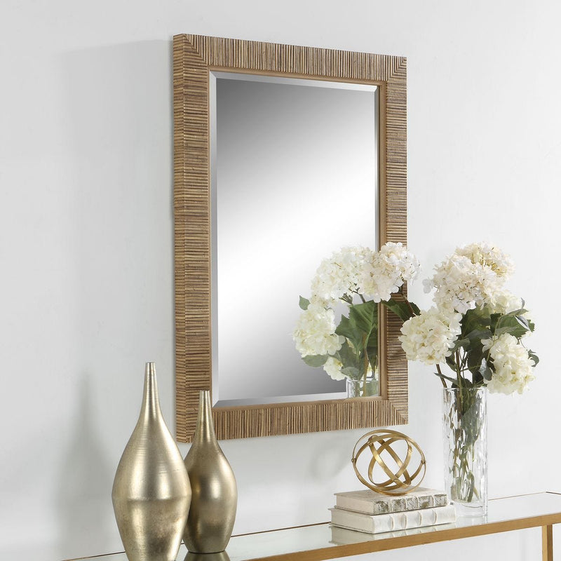 Seavell Coastal Mirror | Modern Rectangle Rattan Polymer Frame Bathroom Vanity Mirror Mounted Vertical or Horizontal (25 in. W x 35 in. H x 2 in. D)