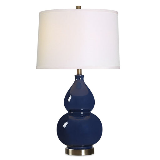 Hollis Navy Blue Glaze Modern Ceramic Table Lamp with White Linen Shade (26" H Lamp with 10" H x 15" W Shade)