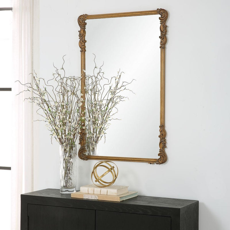 Glavora Antique Gold Mirror | Classic Ornate Rectangle Engineered Wood Frame Bathroom Vanity Mirror Mounted Vertical or Horizontal (24 in. W x 36 in. H x 1 in. D)