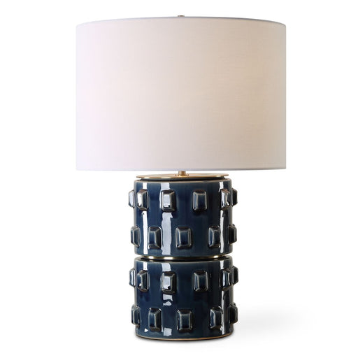 Vessa Rich Blue Modern Ceramic Table Lamp with White Linen Shade (23" H Lamp with 10" H x 15" W Shade)