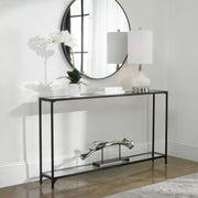 Tivlo Console Table | Satin Black with Mirrored Top and Tempered Glass Bottom (56 in. W x 30 in. H x 8 in. D)
