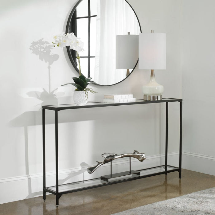 Tivlo Console Table | Satin Black with Mirrored Top and Tempered Glass Bottom (56 in. W x 30 in. H x 8 in. D)