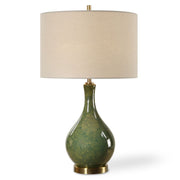 Zemira Emerald Green Glaze Modern Ceramic Accent Table Lamp with Beige Linen Shade (24" H Lamp with 9" H x 14" W Shade)