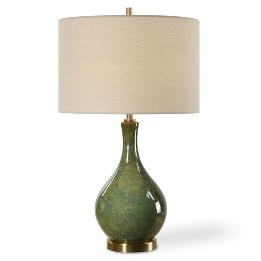 Zemira Emerald Green Glaze Modern Ceramic Accent Table Lamp with Beige Linen Shade (24" H Lamp with 9" H x 14" W Shade)
