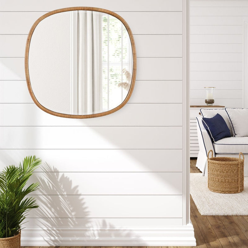Seastran Coastal Mirror | Modern Round Natural Rattan Frame Mirror (34 in. W x 34 in. H x 2 in. D)