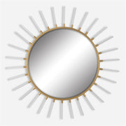 Uttermost Oracle 09883 metallic gold leaf modern round mirror with forged iron frame and clear acrylic rods, 55 in. W x 55 in. H
