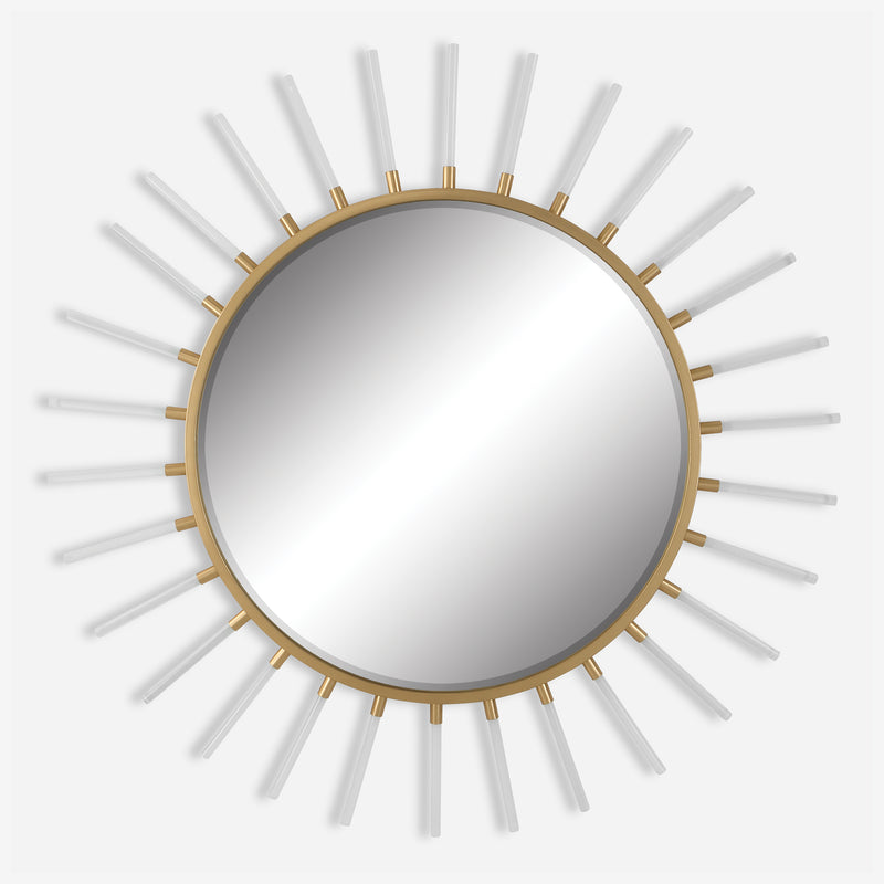 Uttermost Oracle 09883 metallic gold leaf modern round mirror with forged iron frame and clear acrylic rods, 55 in. W x 55 in. H