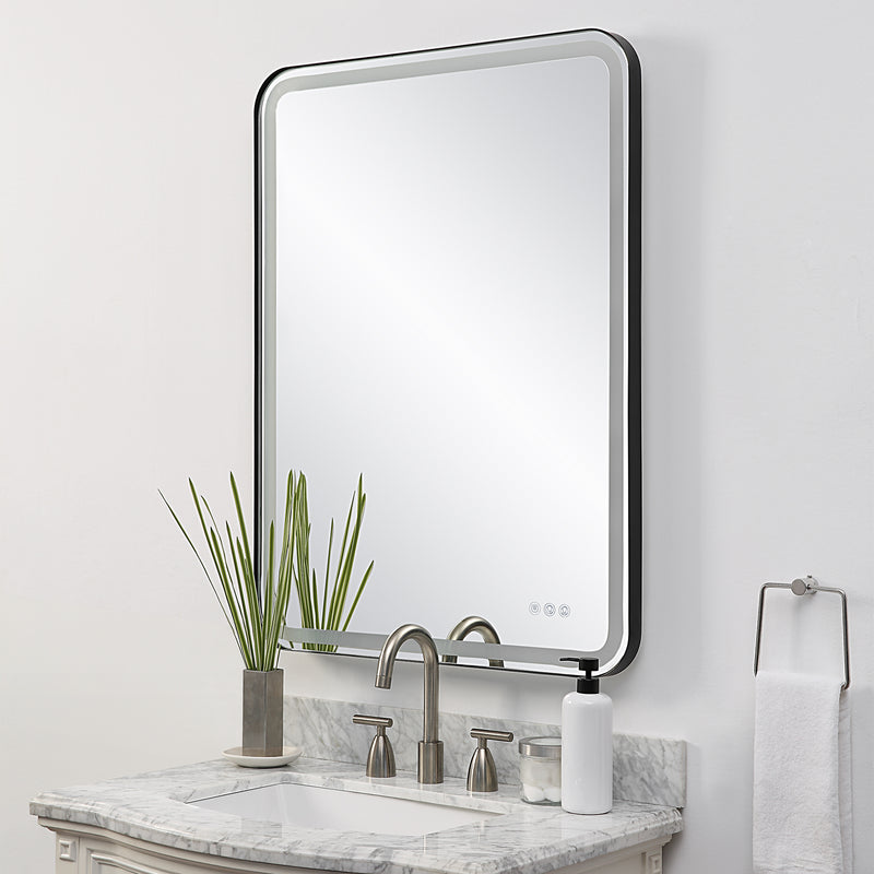 Uttermost Crofton 09946 black modern LED rectangle bathroom vanity mirror with integrated lighting, frosted strip mirror, and satin black frame, 30 in. W x 40 in. H