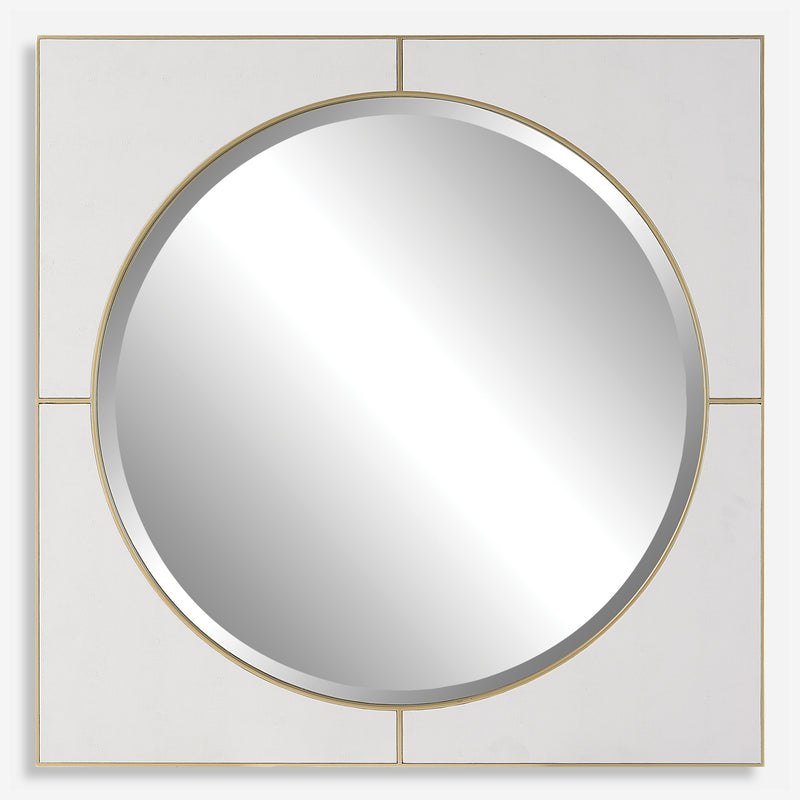 Uttermost Cyprus 09817 white modern square mirror with faux shagreen leather frame and soft gold detailing, 40 in. W x 40 in. H
