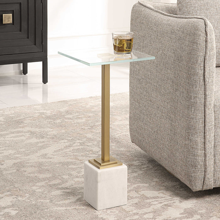 Moss + Fig Marble Drink Table | White Marble and Brushed Brass End Table (Modern Pedestal Table 11 W x 24 H x 11 D inches)