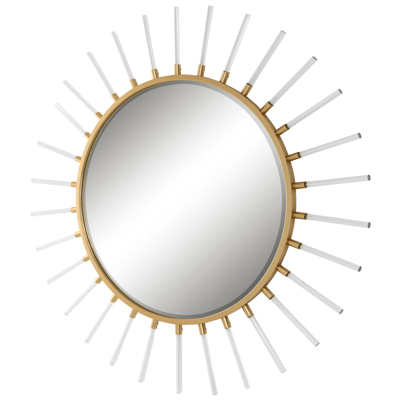 Uttermost Oracle 09883 metallic gold leaf modern round mirror with forged iron frame and clear acrylic rods, 55 in. W x 55 in. H