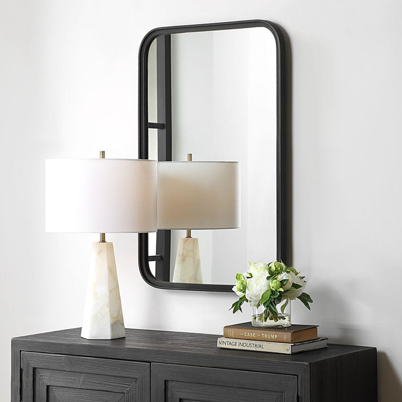 Obras Matte Black Mirror | Modern Rectangle Frame Bathroom Vanity Mirror with Rounded Corners Mounted Vertical or Horizontal (22 in. W x 34 in. H x 1 in. D)