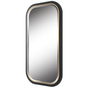 Uttermost Nevaeh 09880 black and gold modern rectangle bathroom vanity mirror with curved satin black frame and gold leaf inner edge, 23 in. W x 43 in. H