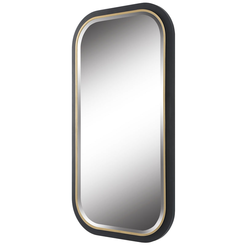 Uttermost Nevaeh 09880 black and gold modern rectangle bathroom vanity mirror with curved satin black frame and gold leaf inner edge, 23 in. W x 43 in. H