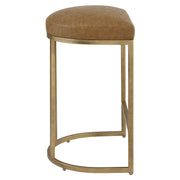 Stellix Antique Brushed Brass Counter Stool | Modern Iron Frame with Camel Colored Faux Leather Cushion  (19 in. W x 26 in. H x 14 in. D)
