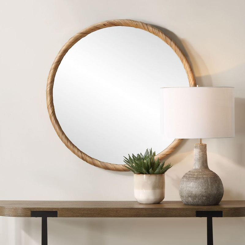 Tidewell Coastal Mirror | Modern Round Seagrass Frame Mirror (32 in. W x 32 in. H x 2 in. D)