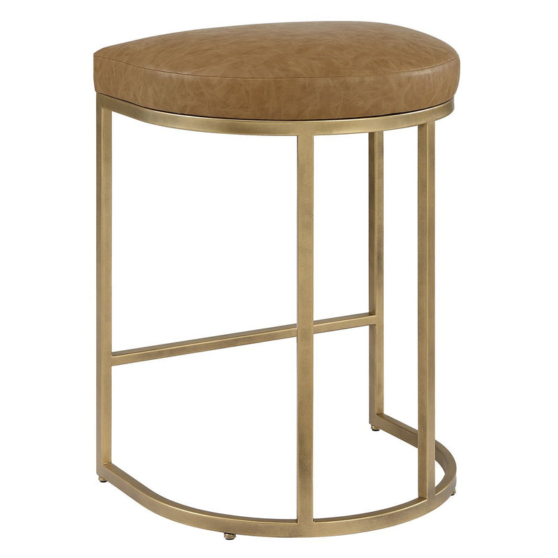 Stellix Antique Brushed Brass Counter Stool | Modern Iron Frame with Camel Colored Faux Leather Cushion  (19 in. W x 26 in. H x 14 in. D)