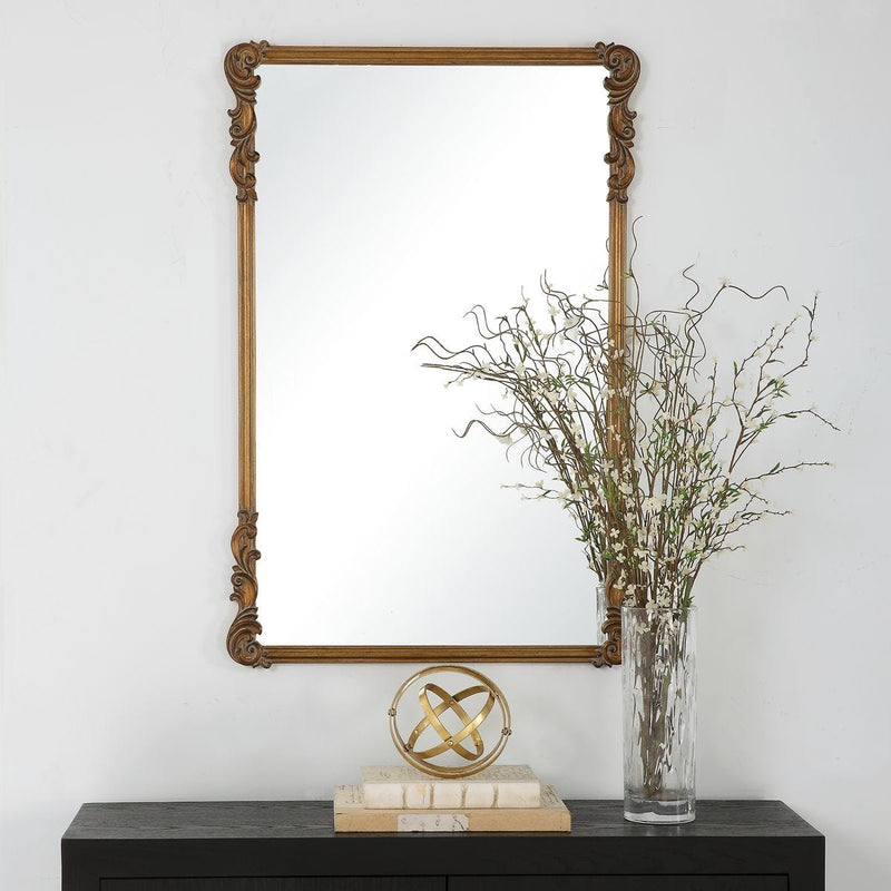 Glavora Antique Gold Mirror | Classic Ornate Rectangle Engineered Wood Frame Bathroom Vanity Mirror Mounted Vertical or Horizontal (24 in. W x 36 in. H x 1 in. D)