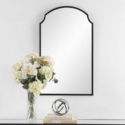 Treva Satin Black Mirror | Modern Arch Iron Frame Bathroom Vanity Mirror (22 in. W x 36 in. H x 1 in. D)