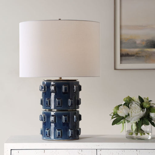 Vessa Rich Blue Modern Ceramic Table Lamp with White Linen Shade (23" H Lamp with 10" H x 15" W Shade)