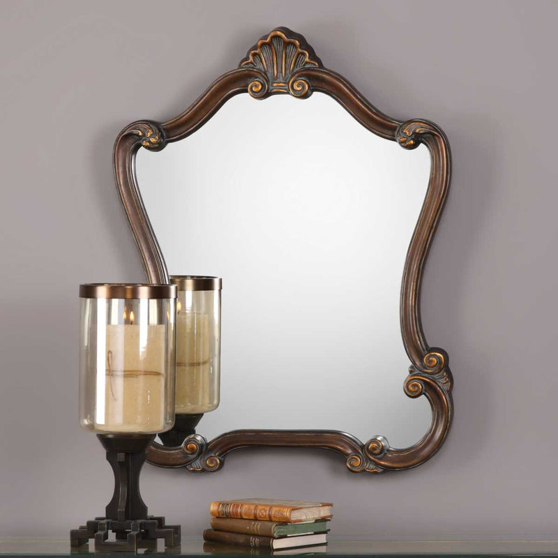 Avenel Distressed Bronze Mirror | Classic Ornate Engineered Polymer Frame Bathroom Vanity Mirror (26 in. W x 35 in. H x 2 in. D)