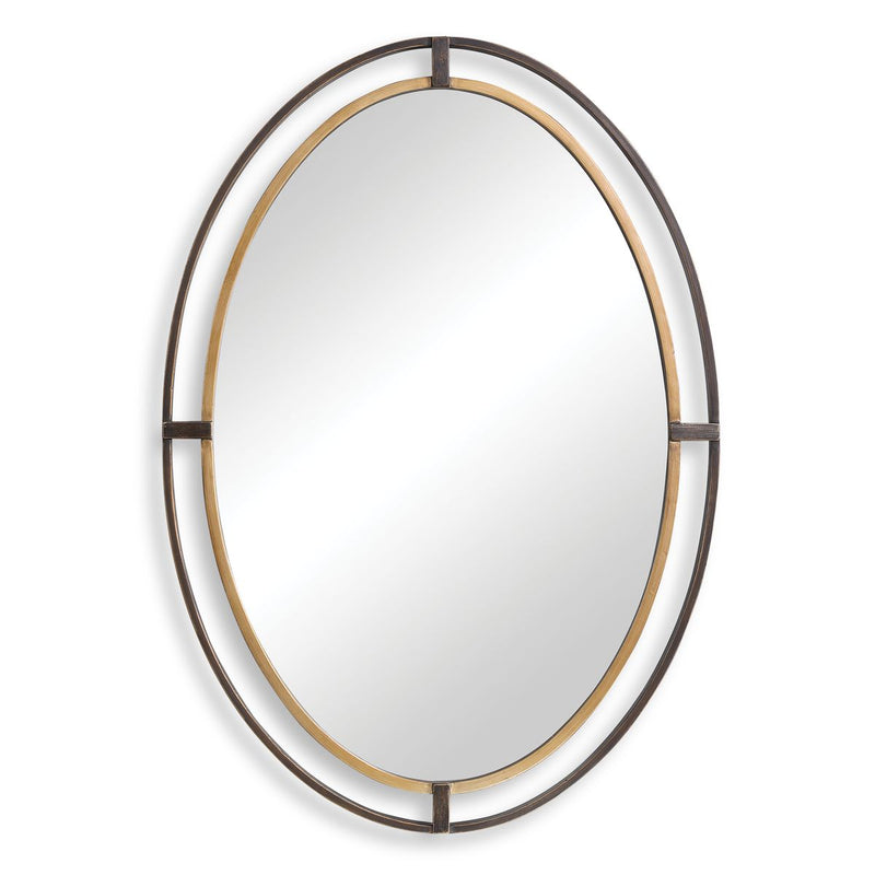 Veluna Rustic Bronze and Antique Gold Mirror | Modern Oval Iron Frame Bathroom Vanity Mirror (24 in. W x 35 in. H x 2 in. D)