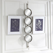 Uttermost Button 09842 silver leaf modern tall round mirror with sleek iron base and four round beveled mirrors, 10 in. W x 60 in. H