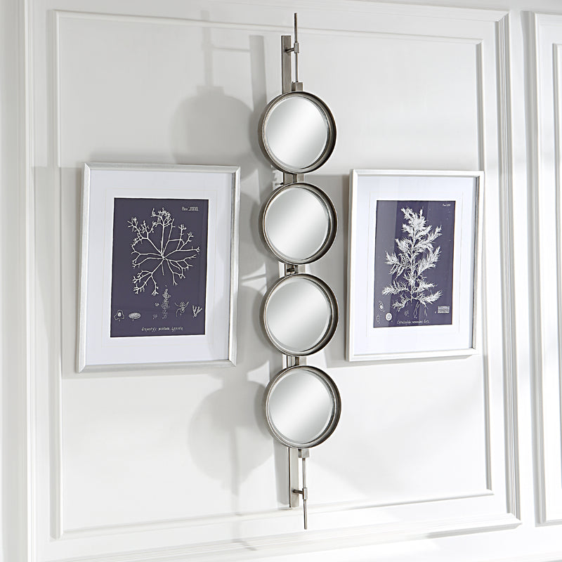 Uttermost Button 09842 silver leaf modern tall round mirror with sleek iron base and four round beveled mirrors, 10 in. W x 60 in. H