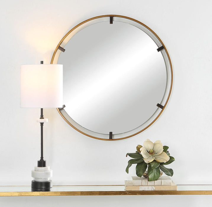 Axion Rich Gold and Dark Bronze Mirror | Modern Round Iron Frame Bathroom Vanity Mirror (32 in. W x 32 in. H x 1 in. D)