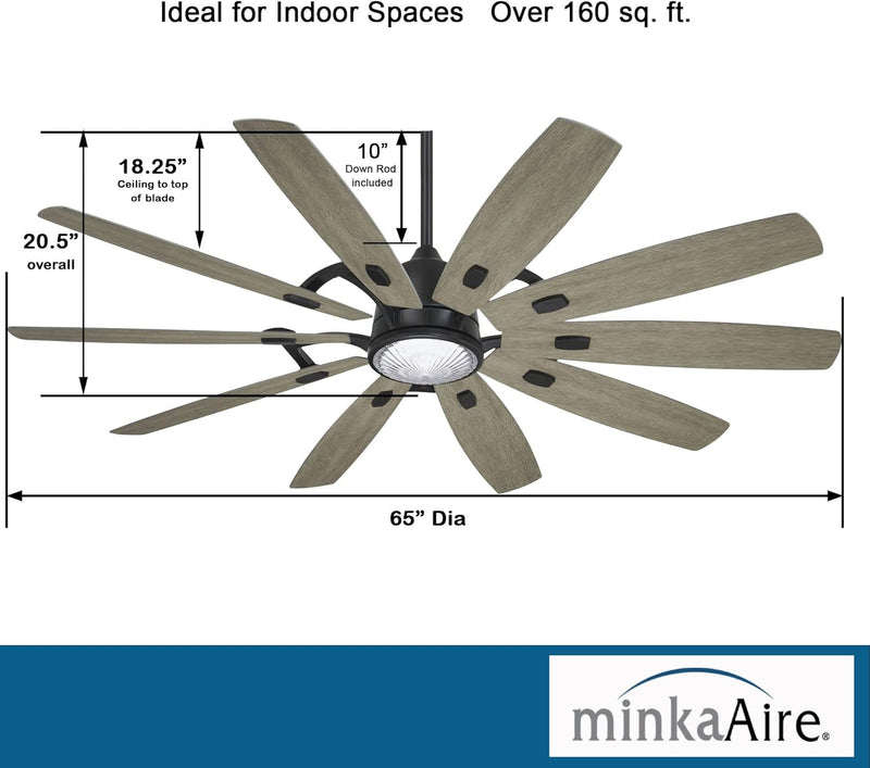 Minka Aire Barn F864L-CL/SG 65-Inch LED Smart Modern Ceiling Fan in Coal Black with Seashore Grey Blades and Remote