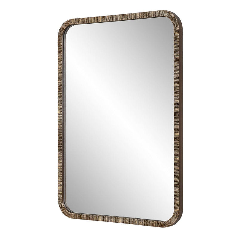 Branik Antique Gold Mirror | Modern Rectangle Frame Bathroom Vanity Mirror with Rounded Corners Mounted Vertical or Horizontal (22 in. W x 32 in. H x 1 in. D)