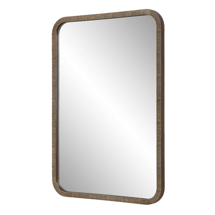 Branik Antique Gold Mirror | Modern Rectangle Frame Bathroom Vanity Mirror with Rounded Corners Mounted Vertical or Horizontal (22 in. W x 32 in. H x 1 in. D)