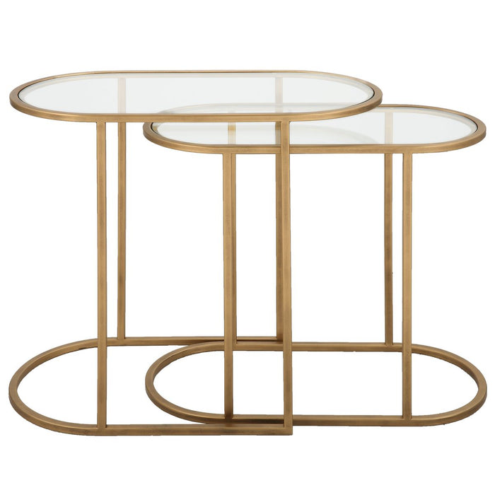 Strada Nesting Tables Set of 2 | Antique Brushed Brass and Clear Tempered Glass Top (Medium: 22 in. W x 19.5 in. H x 10.5 in. D; Large: 24 in. W x 22 in. H x 12.5 in. D)