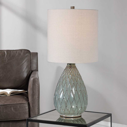 Casava Rust and Aqua Modern Ceramic Table Lamp with Beige Linen Shade (28" H Lamp with 13" H x 13" W Shade)