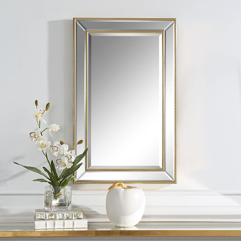 Solitha Gold Mirror | Modern Rectangle Engineered Polymer Frame Bathroom Vanity Mirror Mounted Vertical or Horizontal (20 in. W x 32 in. H x 2 in. D)