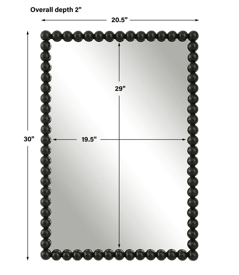 Uttermost Serna 09789 black modern rectangle bathroom vanity mirror with iron beaded frame in satin black, 21 in. W x 30 in. H
