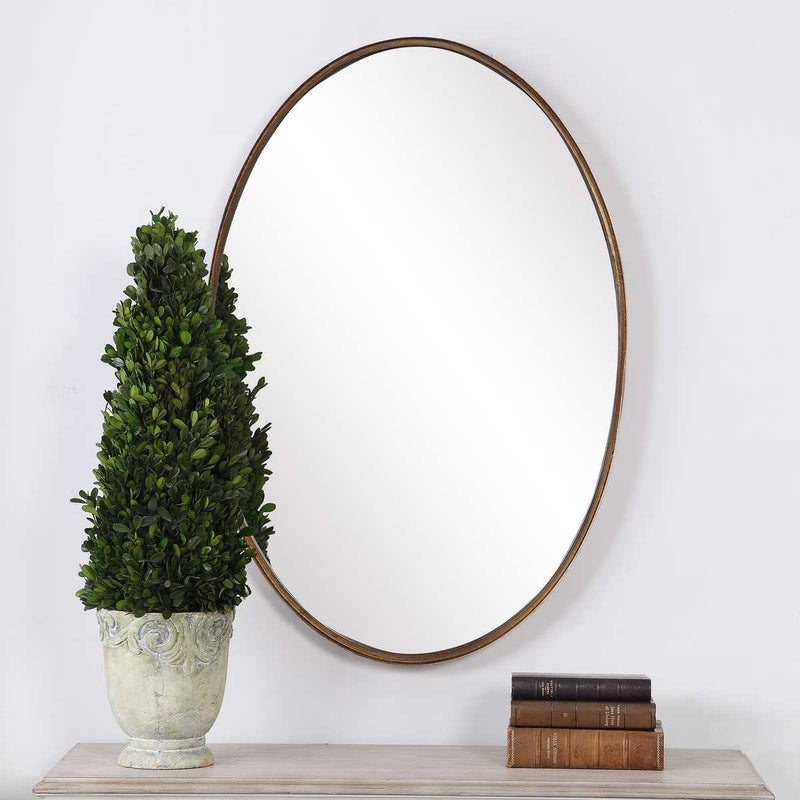 Mirza Gold Leaf Mirror | Modern Oval Iron Frame Bathroom Vanity Mirror Mounted Vertical or Horizontal (24 in. W x 35 in. H x 2 in. D)
