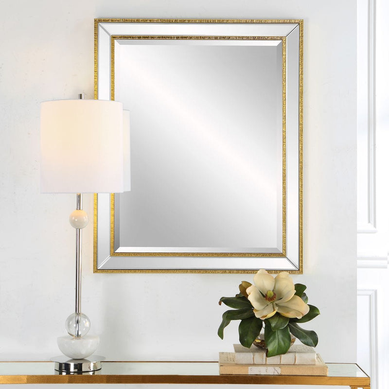Gildmere Gold Mirror | Modern Rectangle Engineered Polymer Frame Bathroom Vanity Mirror Mounted Vertical or Horizontal (27 in. W x 33 in. H x 1 in. D)