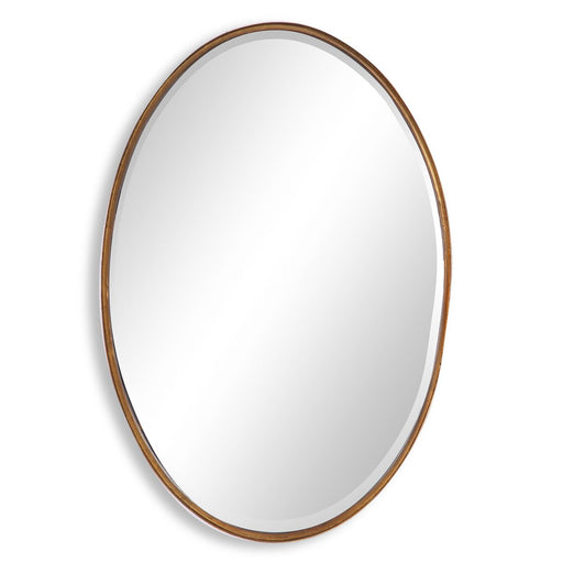 Mirza Gold Leaf Mirror | Modern Oval Iron Frame Bathroom Vanity Mirror Mounted Vertical or Horizontal (24 in. W x 35 in. H x 2 in. D)