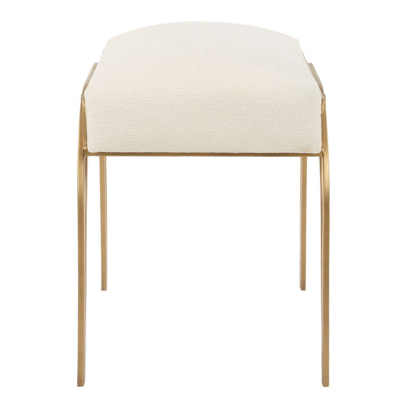 Astoria Antique Brushed Brass Accent Bench | Modern Iron Frame with Textured Light Cream Cushion (24 in. W x 22 in. H x 16 in. D)